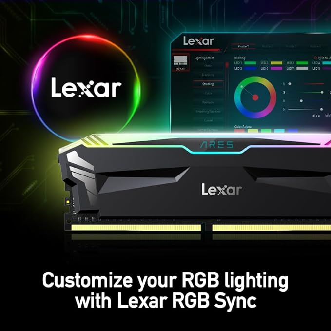 Lexar ARES RGB 16GB (2x8GB) DDR4 RAM 3600MT/s CL18 Desktop Memory, Compatible with Intel XMP 2.0 and AMD Ryzen (Black) LD4BU008G-R3600GDLA